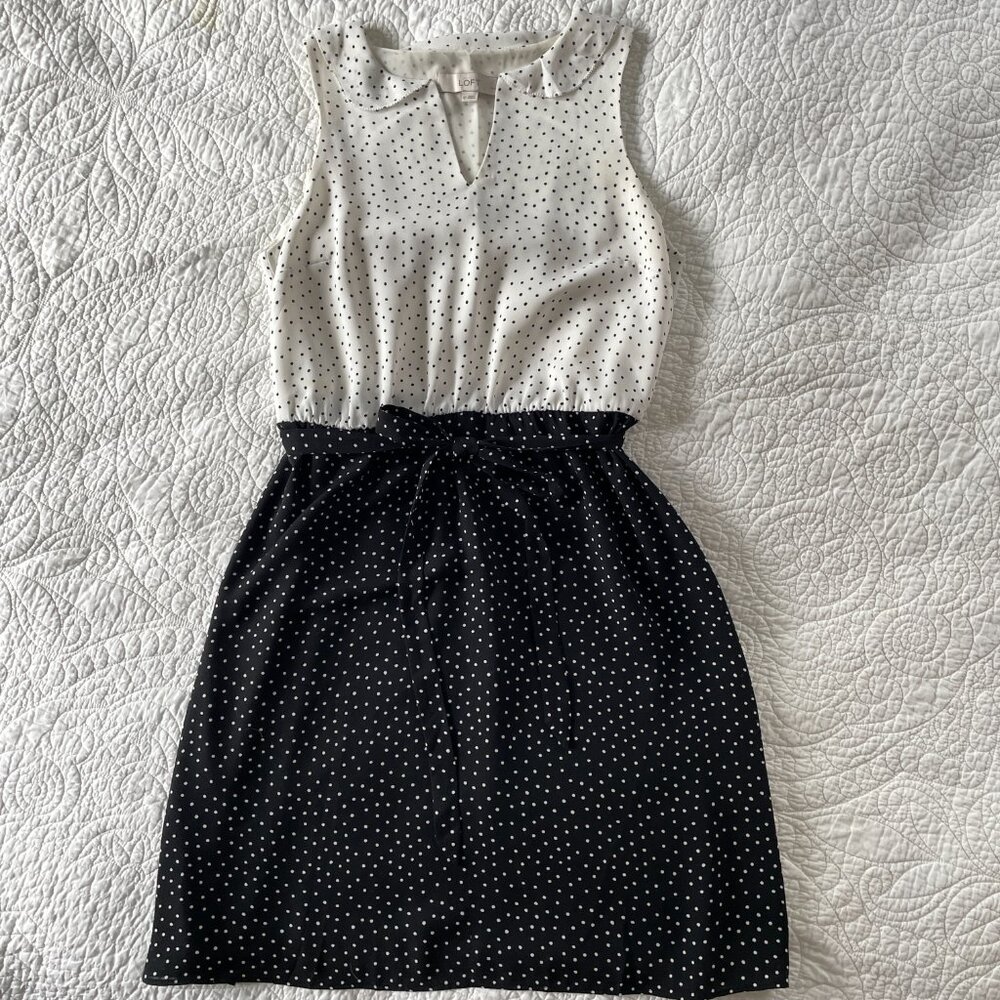 LOFT Dress 6P Petite Black White Polka Dot Ruffle Collar Belted Lined Blouson